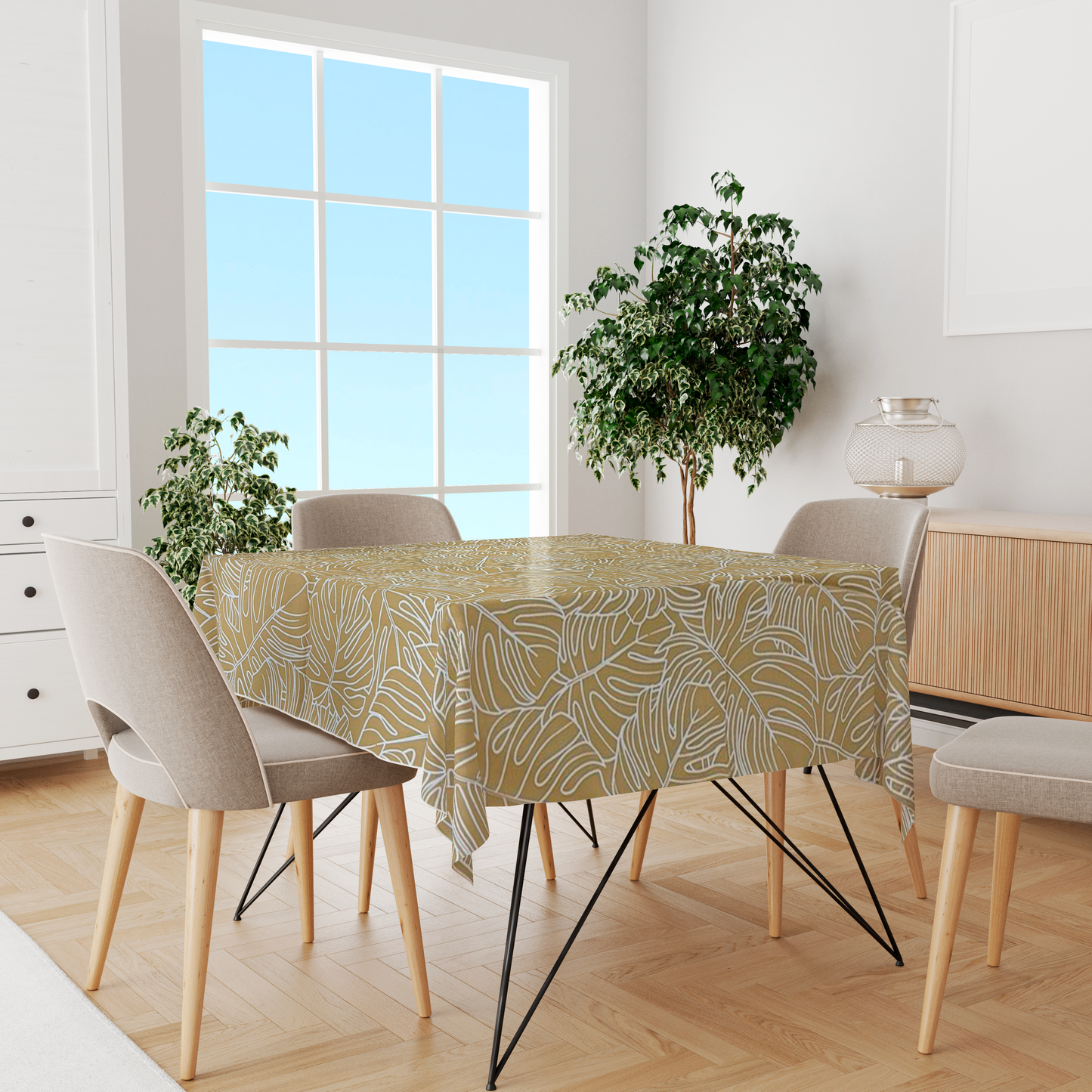 Toalha de Mesa Impermeável Folhas Costela de Adão Amarela 1,45mx1,5m