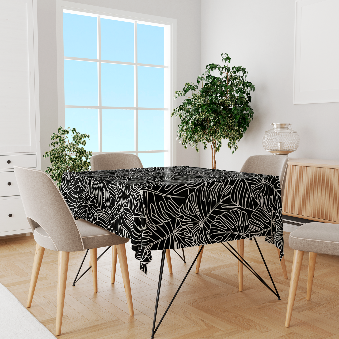 Toalha de Mesa Impermeável Folhas Costela de Adão Preta 1,45mx1,5m