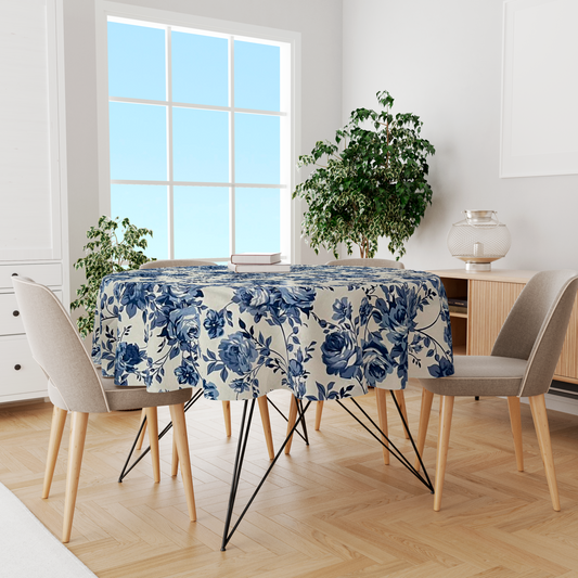 Toalha de Mesa Impermeável Redonda Floral Azul