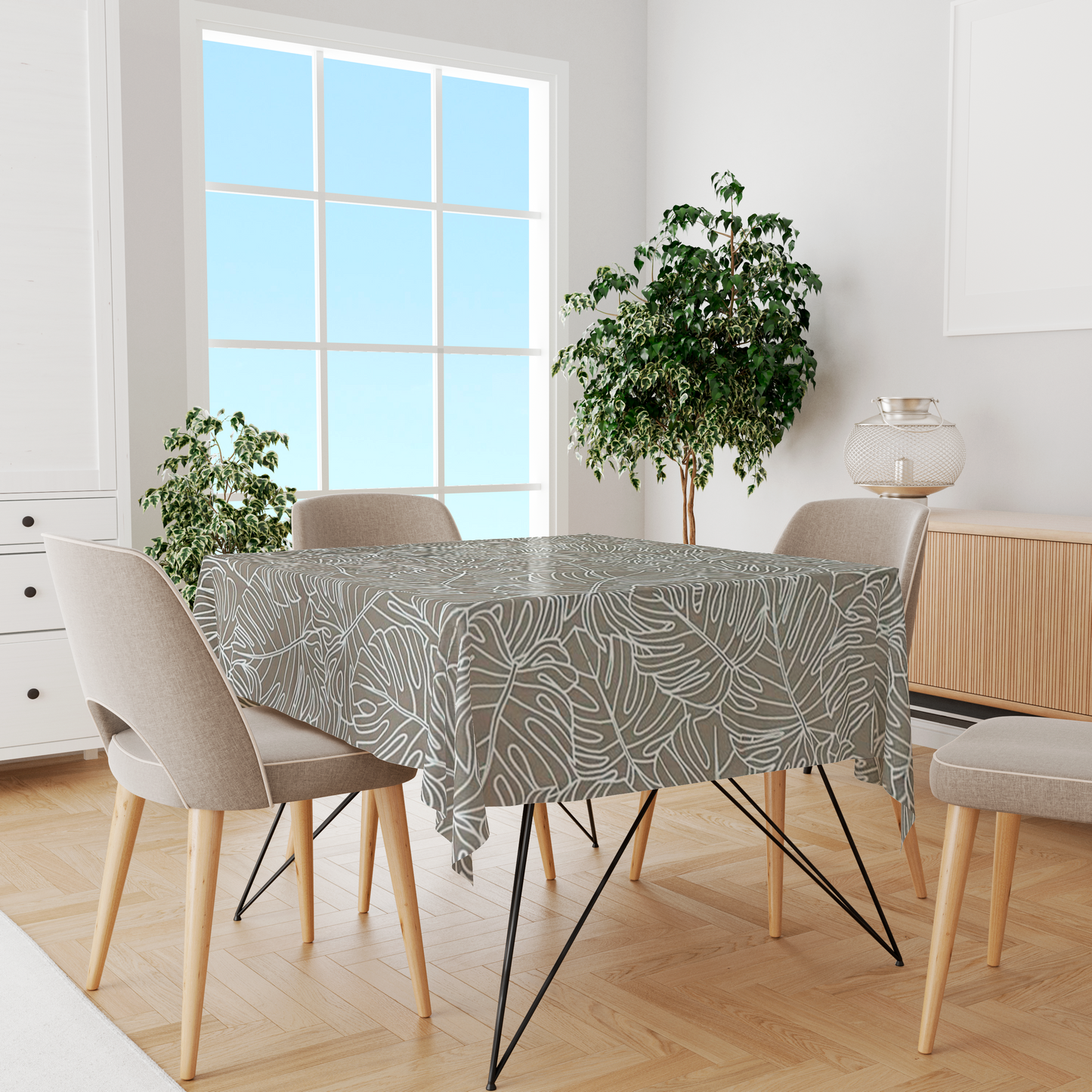 Toalha de Mesa Impermeável Folhas Costela de Adão Bege 1,45mx1,5m