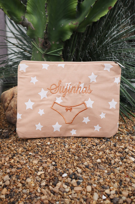 Necessaire Porta Calcinha Limpinha Sujinha Estrelas Bege