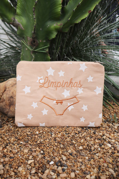 Necessaire Porta Calcinha Limpinha Sujinha Estrelas Bege