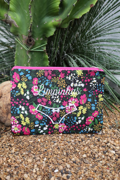 Necessaire Porta Calcinha Limpinha Sujinha Flores Fundo Preto