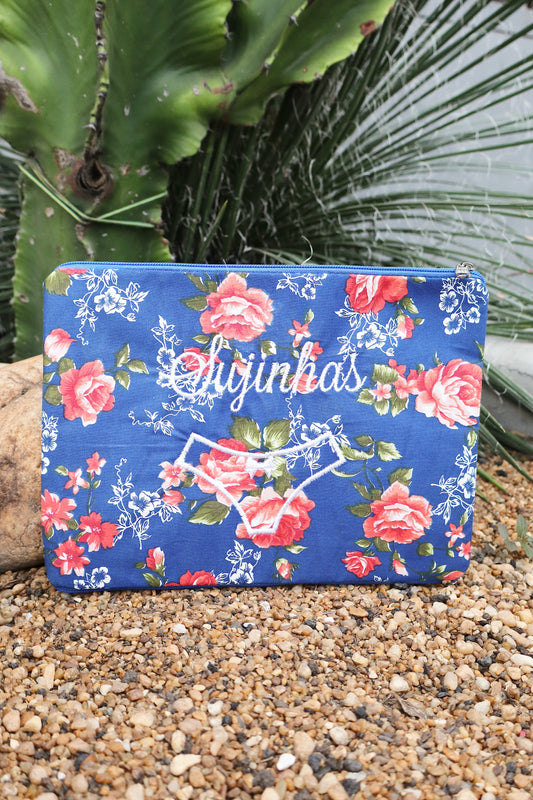 Necessaire Porta Calcinha Limpinha Sujinha Flores Fundo Azul