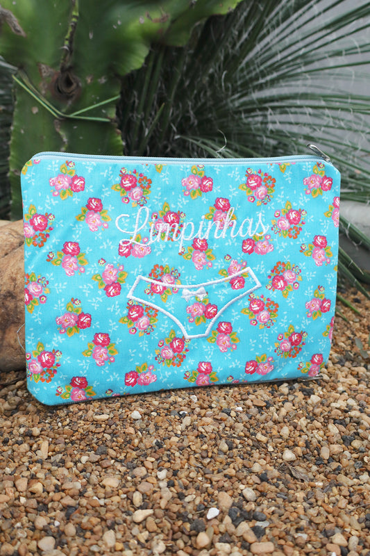 Necessaire Porta Calcinha Limpinha Sujinha Flores Azul Claro