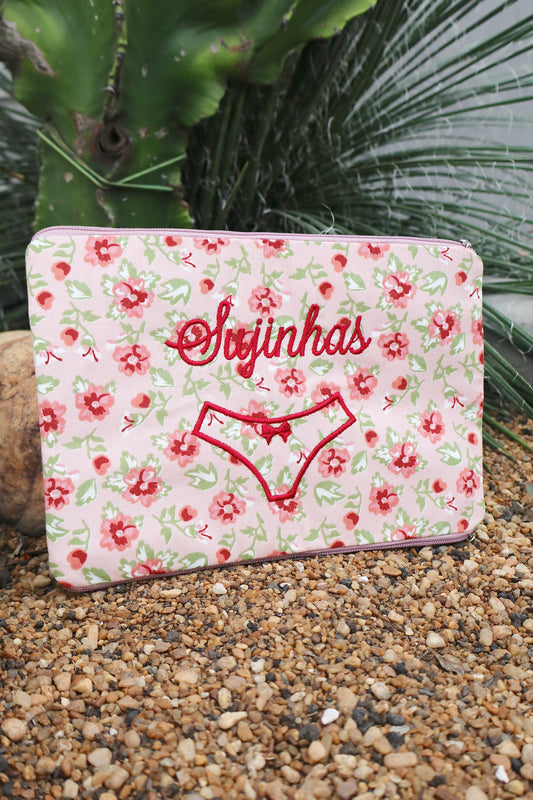 Necessaire Porta Calcinha Limpinha Sujinha Flores Rosa Claro