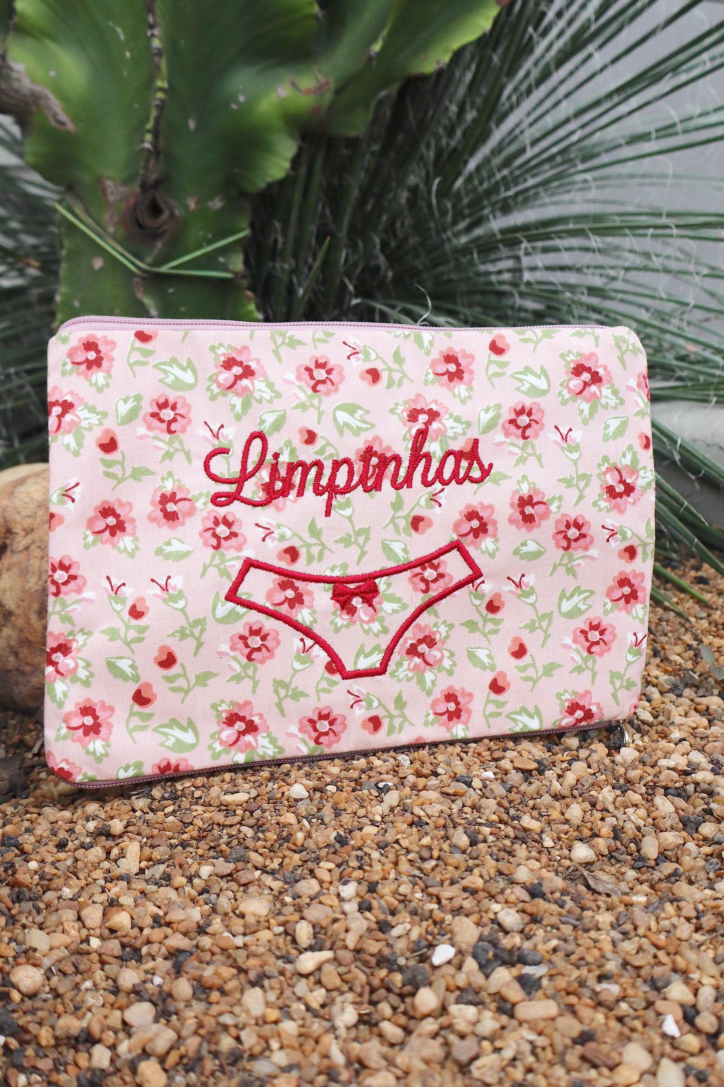 Necessaire Porta Calcinha Limpinha Sujinha Flores Rosa Claro