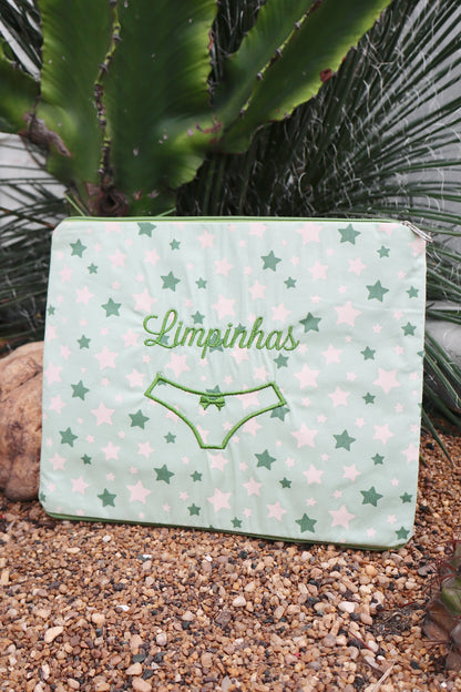 Necessaire Porta Calcinha Limpinha Sujinha Estrelas Verde