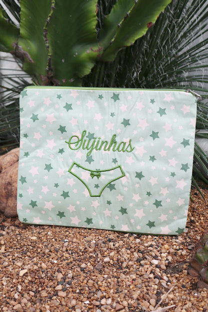 Necessaire Porta Calcinha Limpinha Sujinha Estrelas Verde