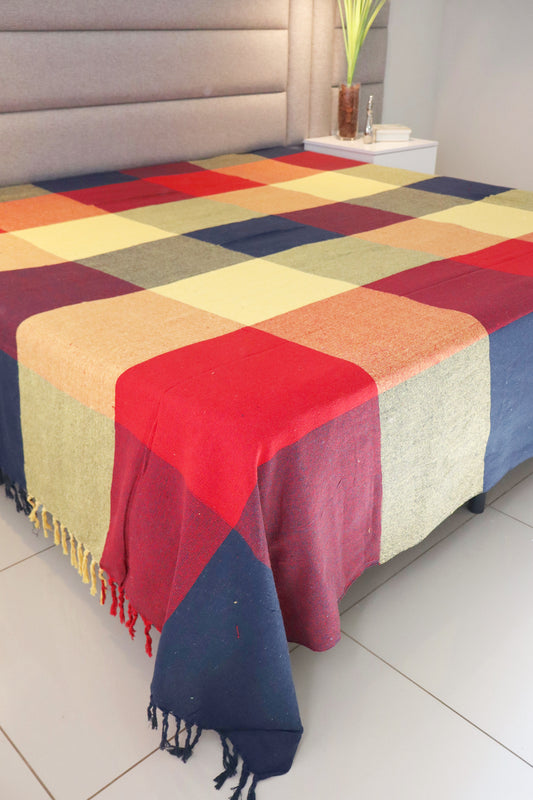 Colcha para Cama Queen 2,40x2,60m Artesanal Xadrez Amarelo, Vermelho e Azul