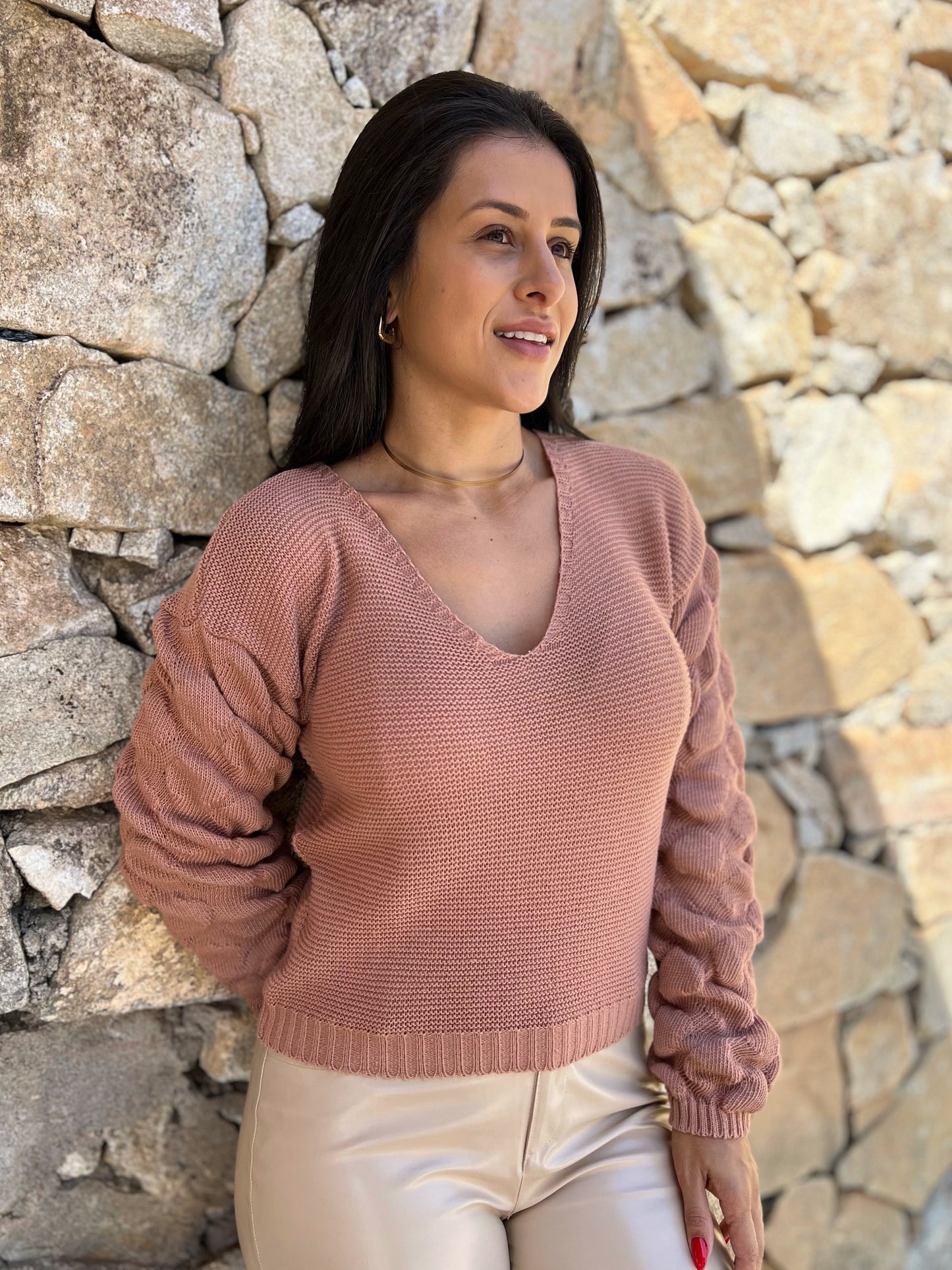 Blusa Tricot Sueter Bolhas Rose