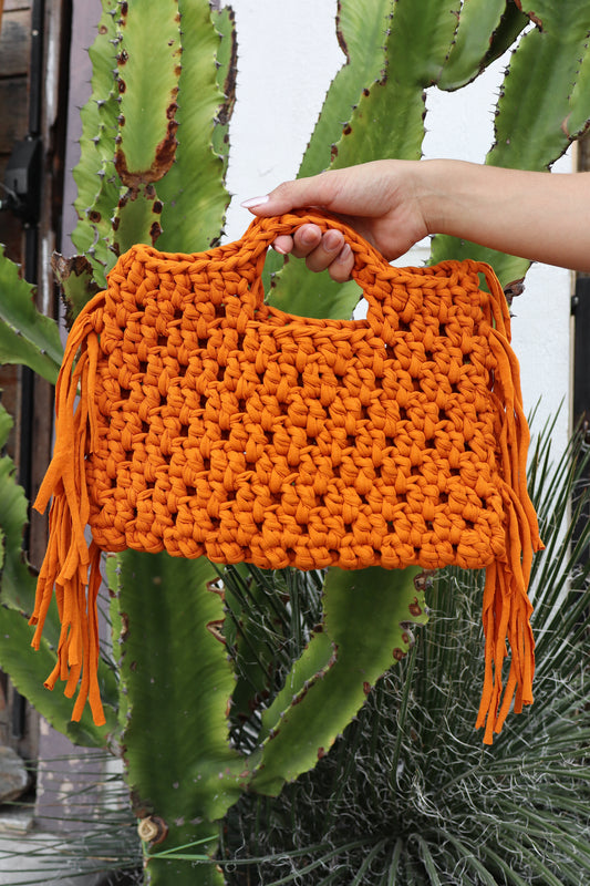 Bolsa de Mão em Crochê com Franja Vintage Minimalista Laranja