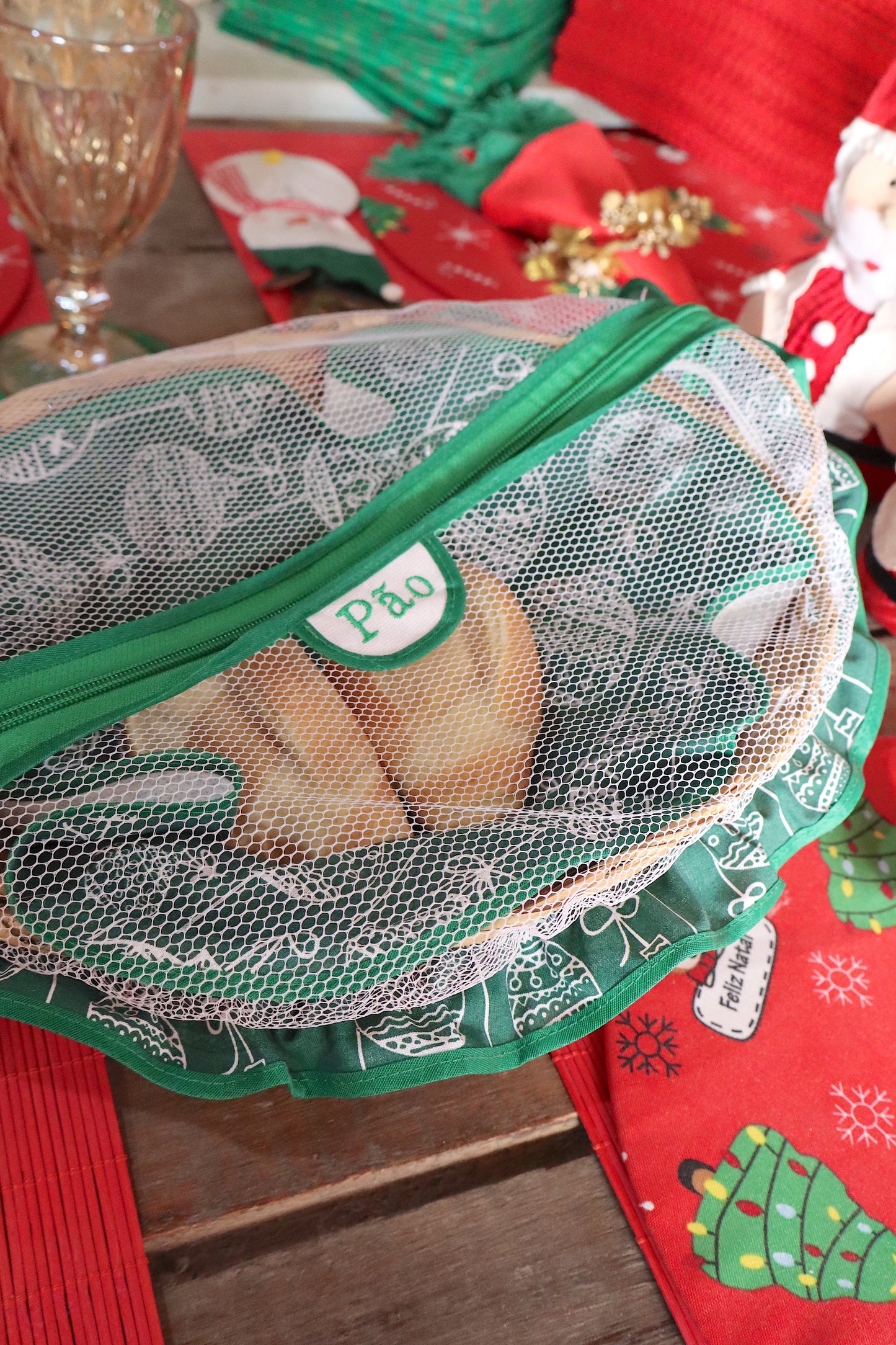 Cesta Porta Pão Bambu com Zíper Natal Verde