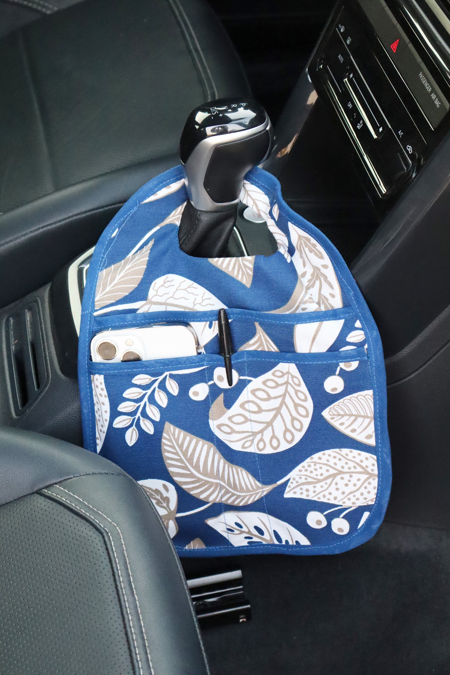 Lixeira para Carro de Tecido com Bolsos Folhas Azul