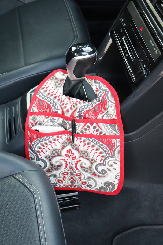 Lixeira para Carro de Tecido com Bolsos Arabesco Vermelho