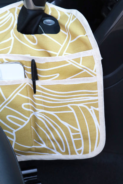 Lixeira para Carro de Tecido com Bolsos Folhas Costela de Adão Amarelo