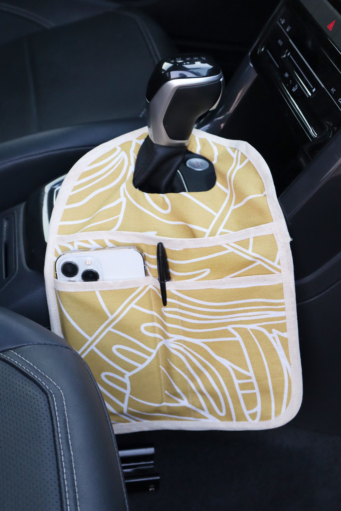 Lixeira para Carro de Tecido com Bolsos Folhas Costela de Adão Amarelo