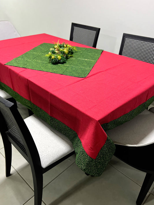 Toalha de Mesa com Barra Natal Geométrico Verde 1,4mx2,2m + Composê