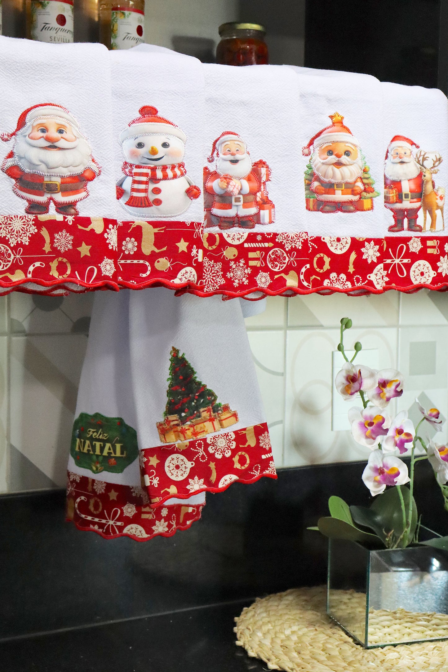 Kit 7 Panos de Prato Decorados - Semaninha Natal Vermelho