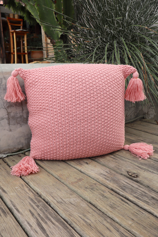 Capa de Almofada Pompom Decorativa Tricô Rosa Claro 45x45cm