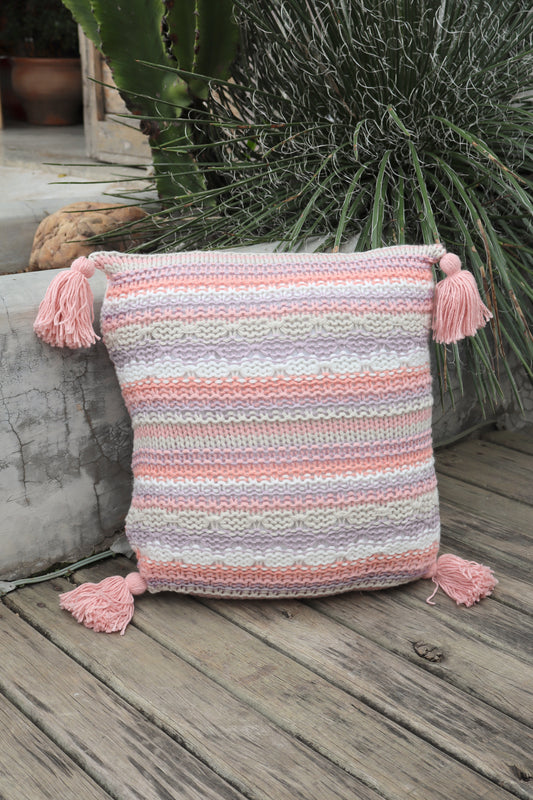 Capa de Almofada Pompom Decorativa Tricô Listrada Rosa 45x45cm