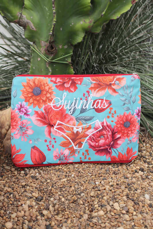 Necessaire Porta Calcinha Limpinha Sujinha Flores Azul e Laranja