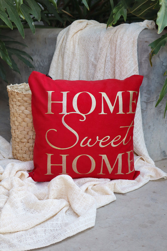 Capa de Almofada Suede Estampada Home Sweet Home Vermelha 45x45cm