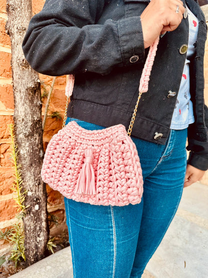 Bolsa Crochê Sanfoninha Rosa Claro