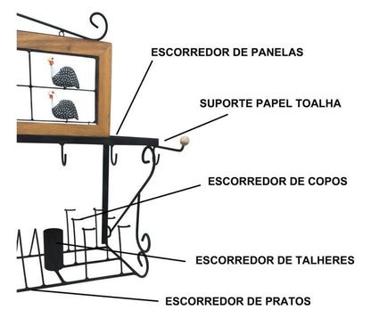 Paneleiro Rústico Escorredor Louças De Ferro E Madeira 80 Cm Panelinhas