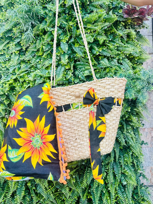 Bolsa de Palha Decorada Com Chita Preta + Toalha Canga Dupla Face