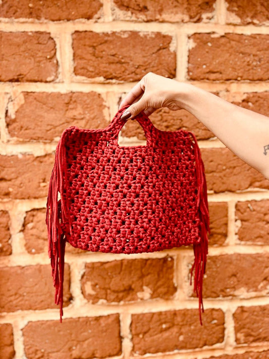 Bolsa de Mão em Crochê com Franja Vintage Minimalista Terracota