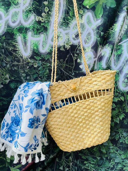 Bolsa de Palha Simples Peruana + Toalha Canga Dupla Face Floral Azul