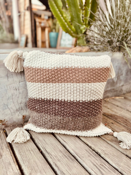 Capa de Almofada Pompom Decorativa Trico Listrada Bege 45x45cm