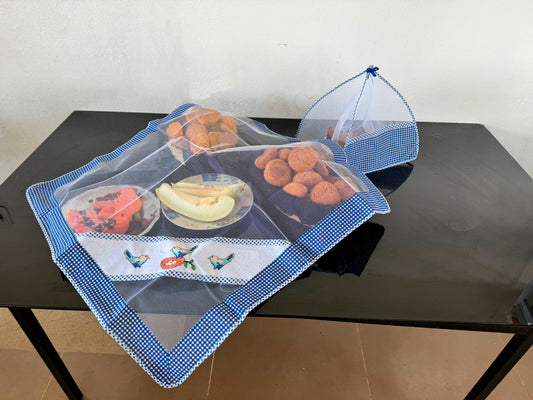 Kit Tule Cobre Alimentos 72x72cm + Cobre Bolo 30x30cm Xadrez Azul