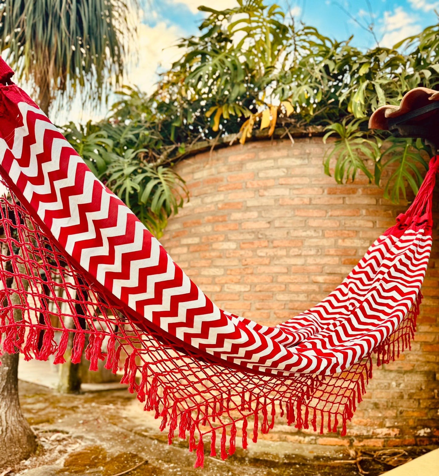 Rede de Algodão Forrada com Belize Semi Impermeável - Chevron Vermelho