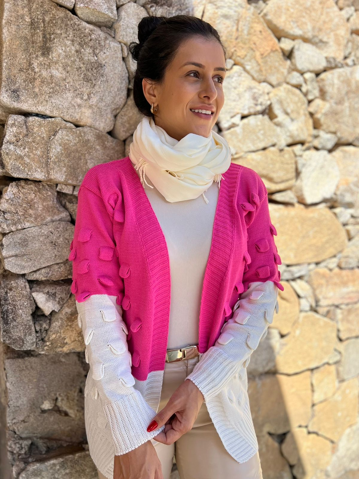 Blusa Tricot Cardigan Rosa e Cru