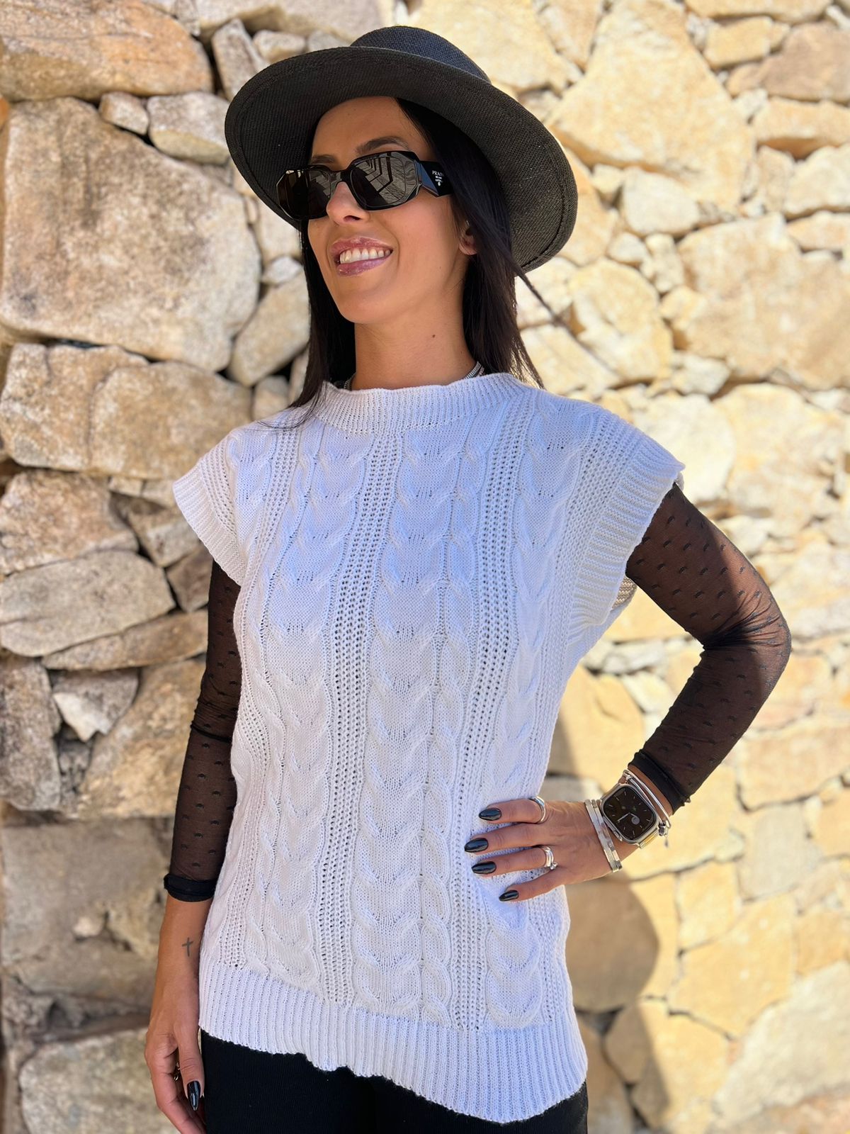 Blusa Tricot Colete Trabalhado Branco